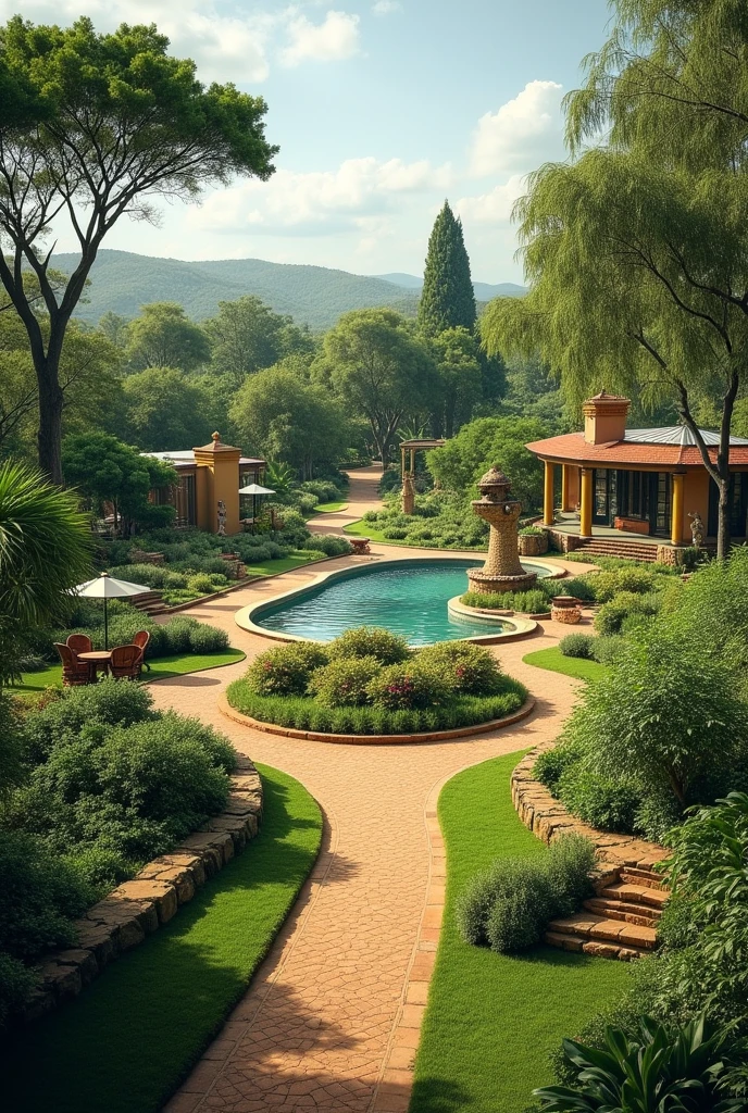 A garden that have the following lush grenery,walkways, monunents and statues,seating areas, cultural and social hub, animal scenery conference hall, playing ground, swimming pull officess and restrooms in samburu kenya