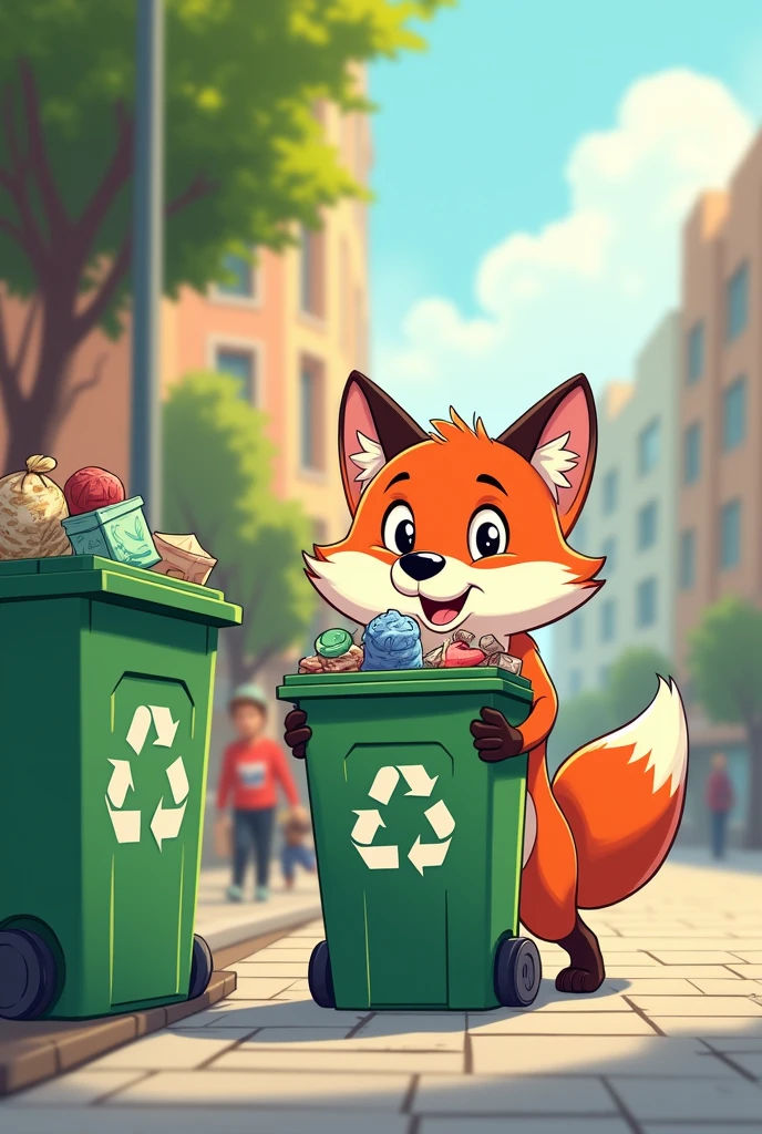 The fox goes to throw away the trash, there are 3 trash sorting bín, style cartoon