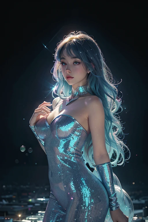 Crystal siren woman, city, shell, crystal clear, hyperreal, neo impressionist, bubble, cosmic with sparkles galactic sky, dark background, enchanted, perfect, glitter, glitter on building, energy water