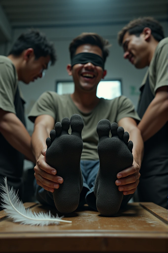 Malaysia malay handsome 21 years food panda rider
His hand tied up in warehouse
Blindfolded
feet on desk
feather
shoes on desk
5 toes each feet
Black sock
Smock effect smelly sock
2 man massage his feet
He laugh very hard
