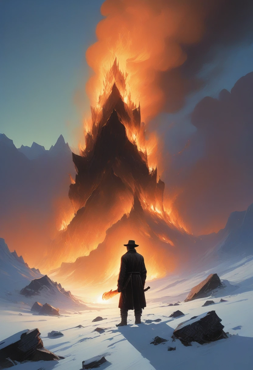 painting of a man holding a fire in a snowy field, michael whelan and tomer hanuka, by Victor Mosquera, dan mcpharlin, by Ivan Generalić, sergey kolesov, inspired by Arkhip Kuindzhi, virgil finlaytim hildebrandt, by charles vess, peter chung + moebius + loish