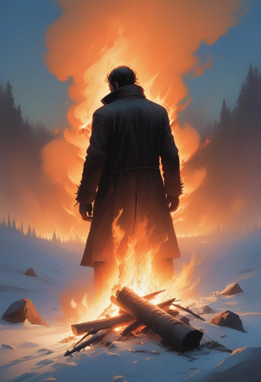 painting of a man holding a fire in a snowy field, michael whelan and tomer hanuka, by Victor Mosquera, dan mcpharlin, by Ivan Generalić, sergey kolesov, inspired by Arkhip Kuindzhi, virgil finlaytim hildebrandt, by charles vess, peter chung + moebius + loish