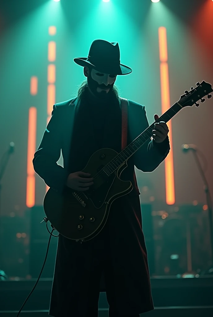 Man with mask and fedora hat with hollow body guitar on stage with teal and orange neon