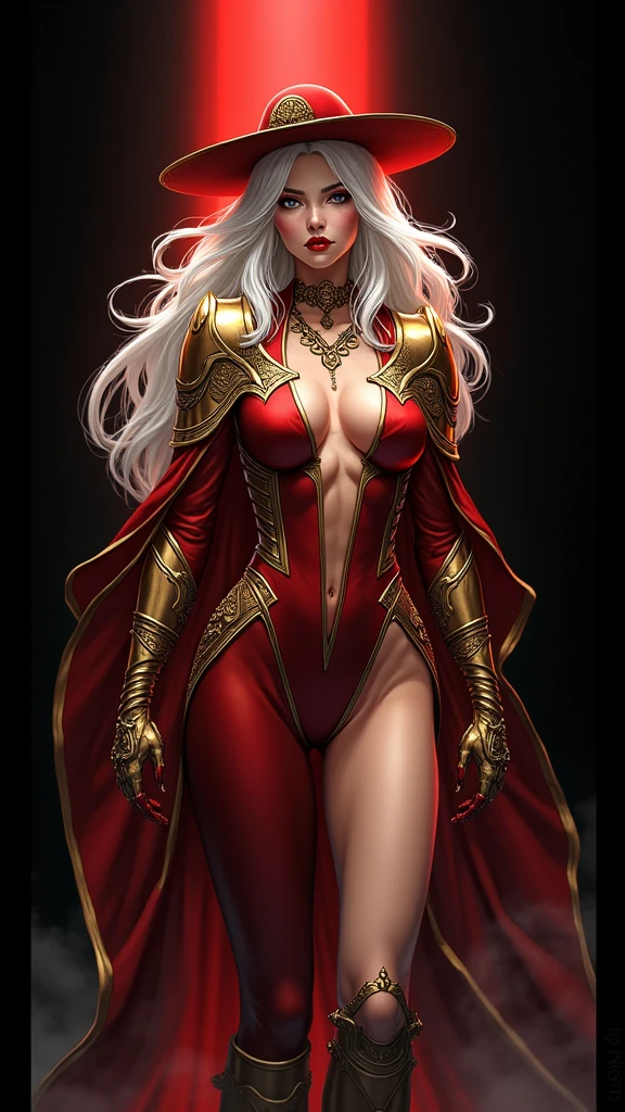 (masterpiece, high quality:1.8), extremely detailed, ambient,
SallyWhitemane, 1girl, mature female, FeelsGood, determined,
white hair, long hair,  jewelry, (eyeshadow:1.8),
hat, shoulder armor, (two-tone leotard:1.2), gold trim,
red background,
