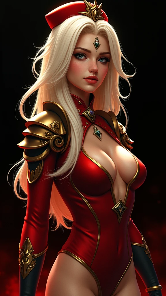 (masterpiece, high quality:1.8), extremely detailed, ambient,
SallyWhitemane, 1girl, mature female, FeelsGood, determined,
white hair, long hair,  jewelry, (eyeshadow:1.8),
hat, shoulder armor, (two-tone leotard:1.2), gold trim,
red background,
