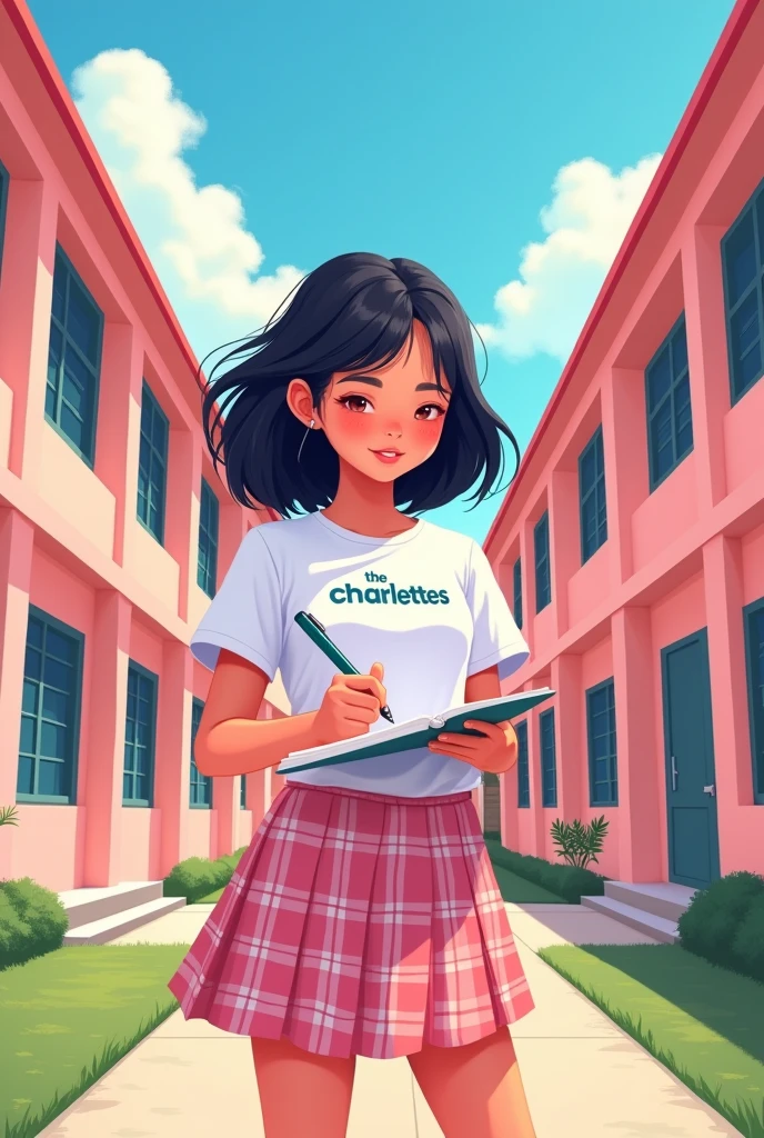 a cartoon showing filipino pupil a girl with black hair wearing a tshirt with brand "The Charlettes" in front and wearing a pink skirt  red and white plaid skirt uniform with a length of below the knee   , she is writing for campus journalism. outside the school premises, with baby pink colored bungalow classroom buildings