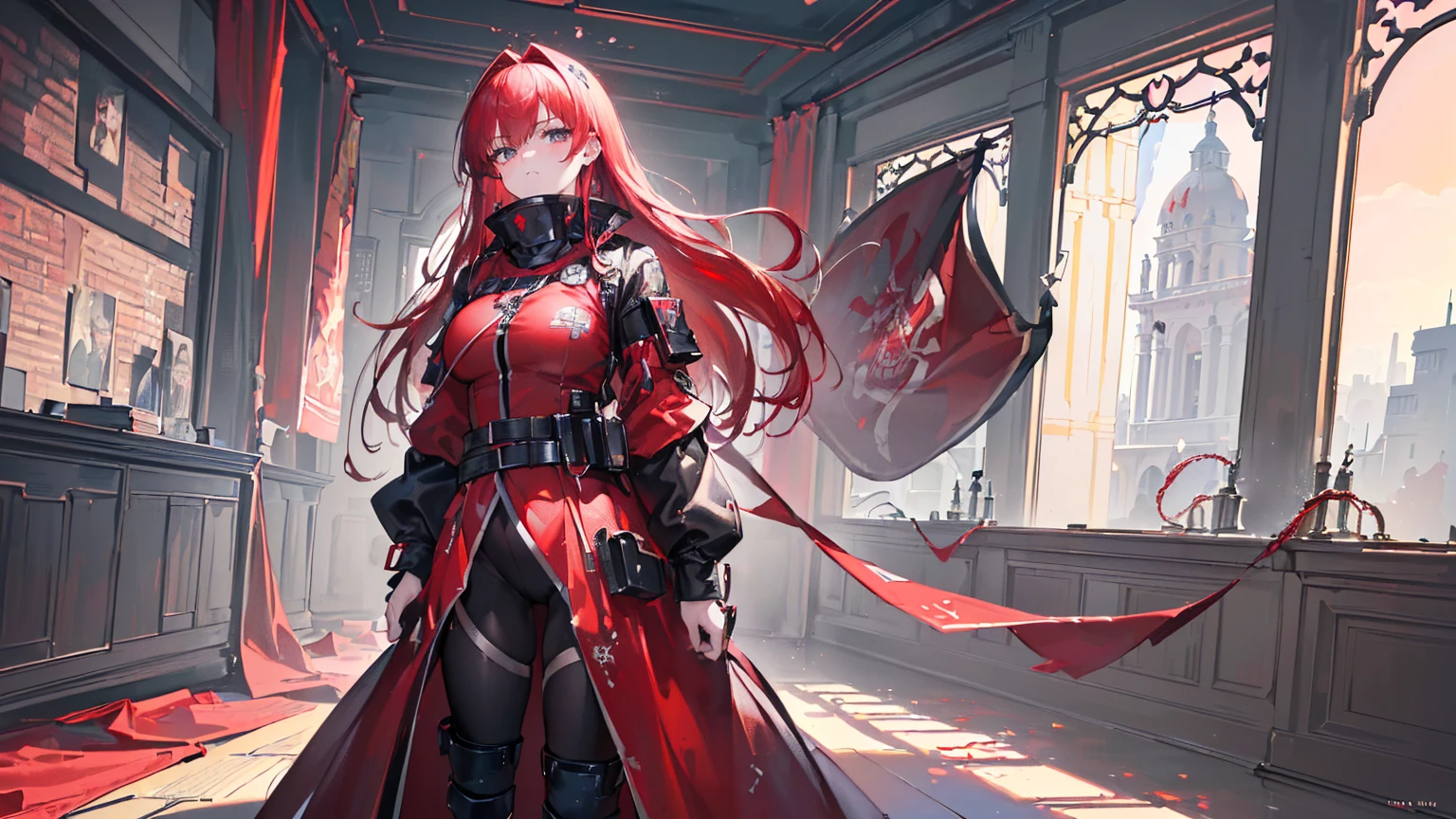 (Very detailed)),((illustration)),((masterpiece)),(((need))),((beautiful、Highest quality CG Unity 8K wallpapers,masterpiece),((4K,masterpiece,best quality)),Red-haired woman wearing a sick restraint suit,Keep your hands inside your restraint suit,Behind him are battle flags,Angry eyes,Endless Rage,Full body picture,individual