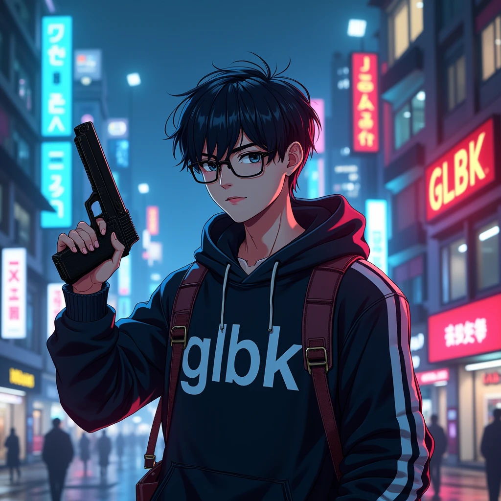 Create a character anime, {{background: capital text “GLBK”, night city}},
realistic, HDR, use glasses, handsome, korean style, full body, use pistol, age 20, hoodie HD text: “PRAS”
