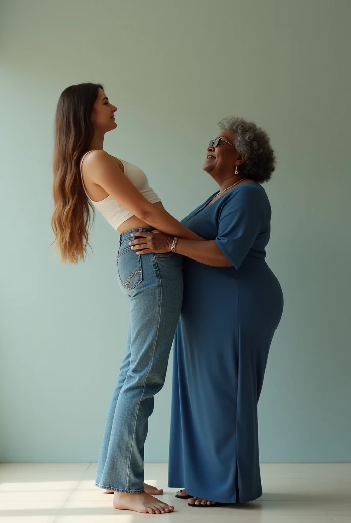 Create a photo of a 30 year old young woman, with a slender and beautiful body, wearing a low-cut white tank top and jeans, with white and clear skin, with long light brown hair, and has her back to the camera as she is lifted high up by her legs by an obese 90-year-old black woman, dark black skinned, who has short hair, who wears glasses and a blue dress