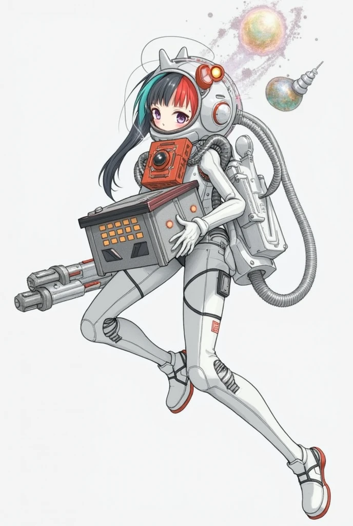 a drawing of an anime girl in a futuristic space suit holding a box, traditional anime art, traditional style, epic pencil illustration, hyper detailed manga drawing,