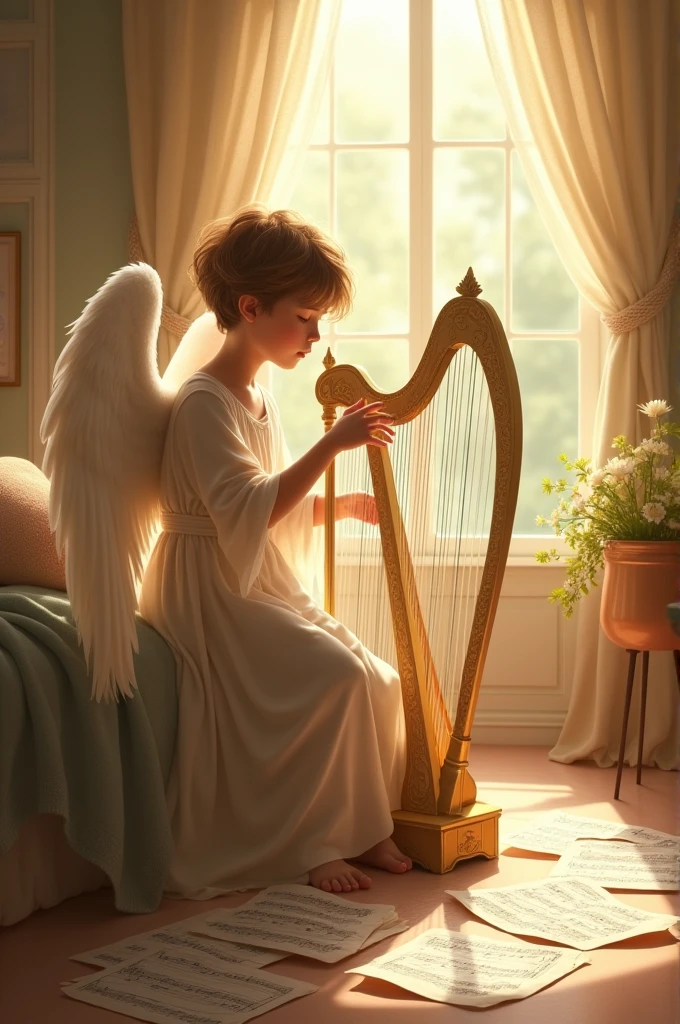 in a room with a window, an angel boy plays the harp and there are notes lying next to it