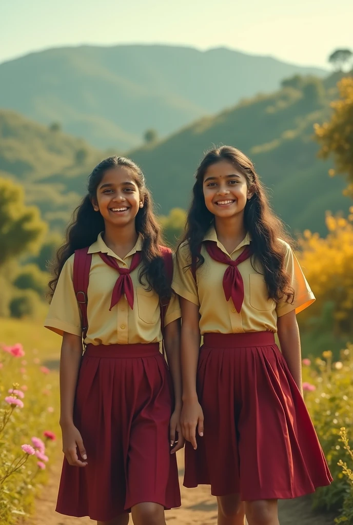 2 small school girl wearing school uniform looking happy, indian girls realistic desi look cinematic a Full size landscape image