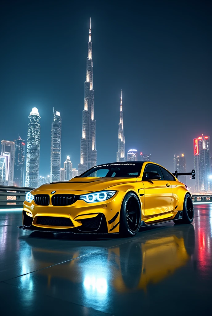 A yellow fully modified bmw m4 compitition in dubai at night