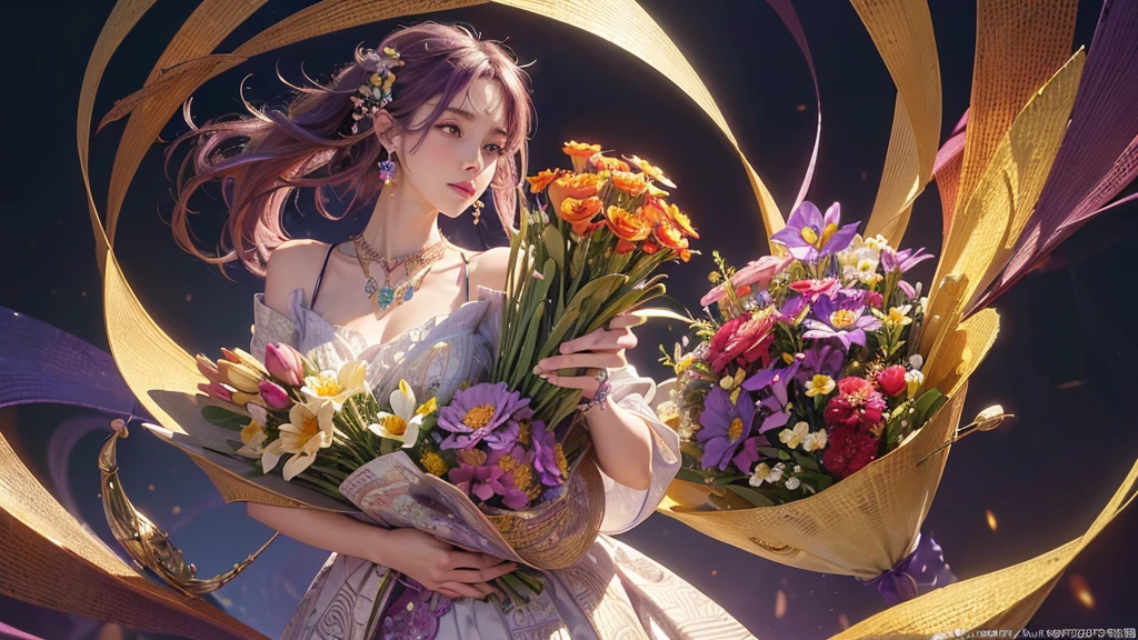 32K, 最高quality, 最高masterpiece, (ultra-Detailed Background, Detailed Background), High resolution, Super detailed, Very detailedな, 1 personの, (bouquet:1.3), (Tangled:1.2), (Geometric:1.2),(colorful),(masterpiece, quality, best quality, Official Art, Beautiful and beautiful:1.2), (1 person:1.3), Very detailed,(colorful:1.1)(Flowers:1.3),Most detailed,(Tangled:1.2), whole body, (Abstract background:1.3), (Skin glows), (Many colors:1.4), ,(Earrings Jewelry:1.5), Purple-red pale background, It's imaginative., Milk tea colored hair,