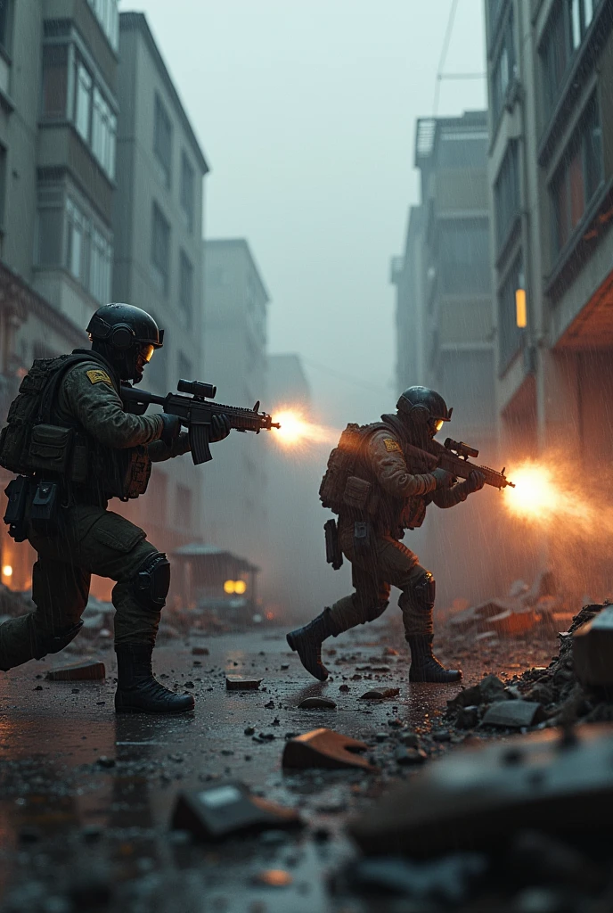 A highly detailed 3D render of a war-torn Ukraine style urban environment in Unreal Engine 5 style, featuring realistic characters with advanced military gear, taking cover behind debris and engaging in a firefight. The scene is set during a heavy rainstorm, with dynamic lighting and shadow effects. Buildings in the background are partially destroyed, with smoke and fire adding to the atmosphere. High-resolution textures and interactive environment elements such as broken glass and scattered debris are visible. Ukranian vs Russian