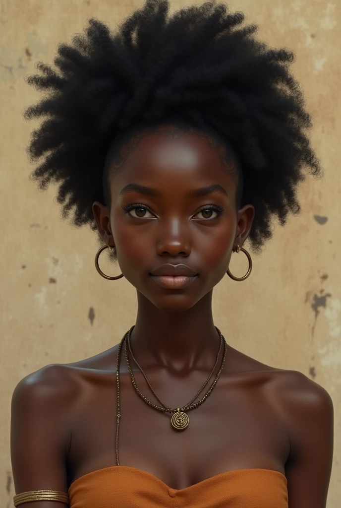 a black woman,curly hair, very simple, with African clothes, from the time of colonization, without accessories