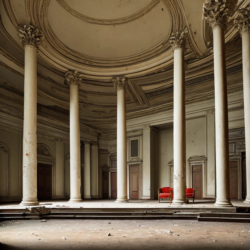 a large hall of a palace house with columns in a state of abandonment, paintings with classical mythological themes on its peeling walls and an old, broken chair and sofa