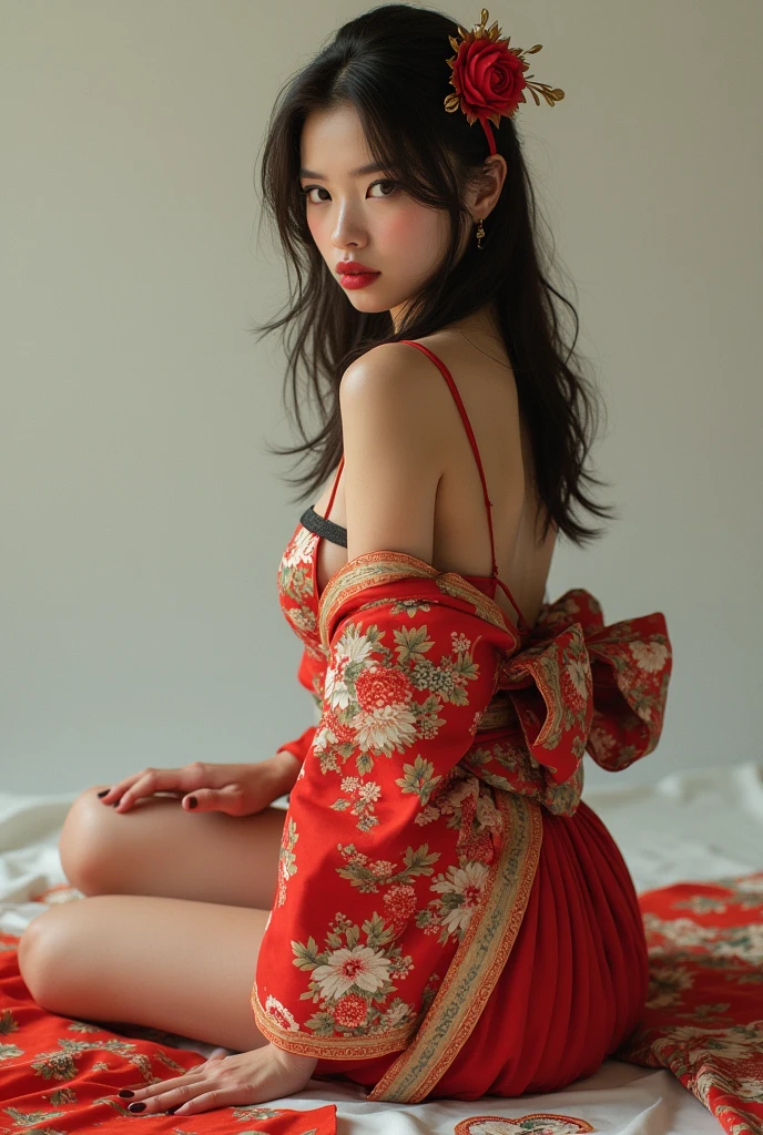 Diffuse lighting、 Highest quality, High resolution, unity 8k wallpaper、Supersaturation, Colorful, 8k resolution, 1 female、Japanese、23 years old、Close-up portrait、Red silk underwear,Red underwear、smile、Mature、Adult women、turn around and look back、Open your mouth、Watery eyes、Blushing、midnight、Sitting on a bed covered with flower petals、Sitting on the floor、Fantasy、mysterious、Woman with a Fan, Onmyoji、Spirit medium、