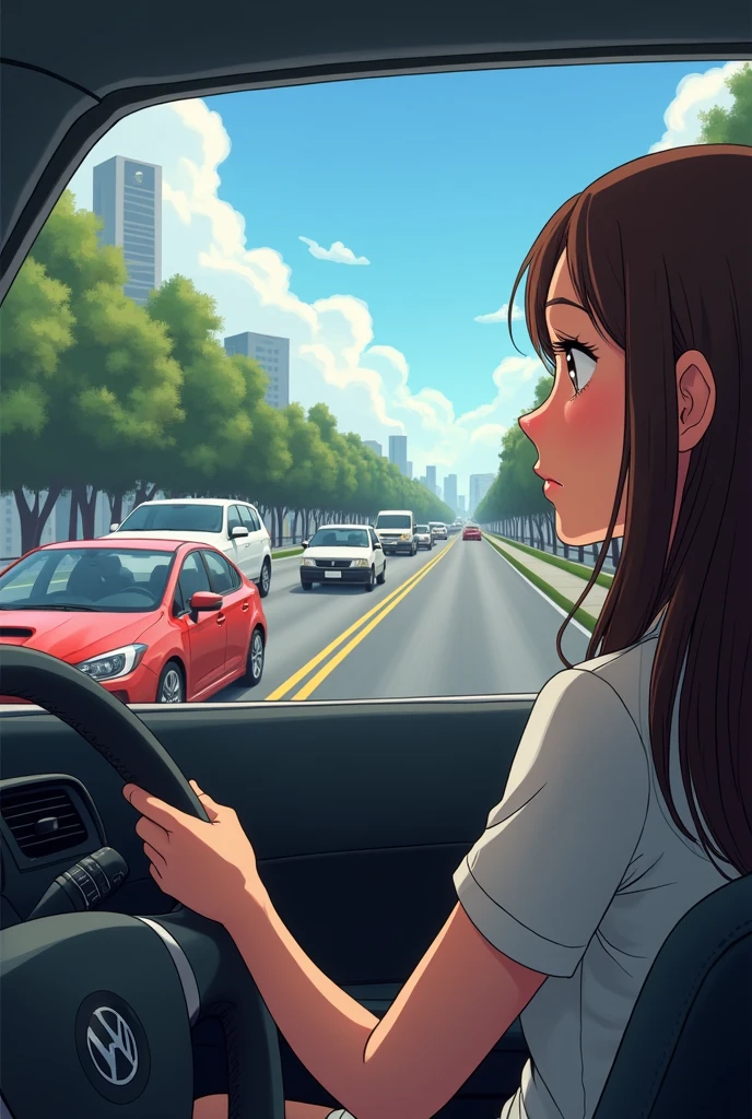 Heavy traffic on the right side , on the left side the track is free , a woman driving and in doubt whether to go into the open lane or stay in the traffic jam. I need to see in the image the congested lane and the other free one and the woman in doubt.