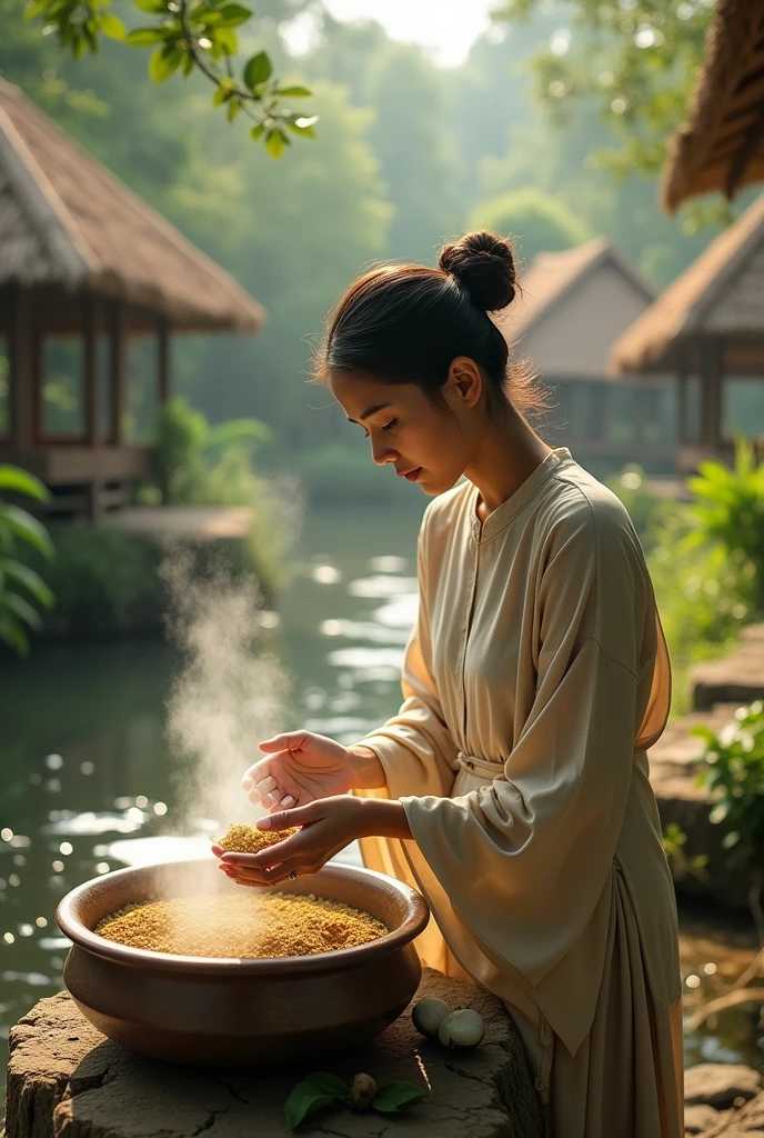 Beautiful malay malay freehair pack powder herbs, boiling water at village, with packing nadminzempire