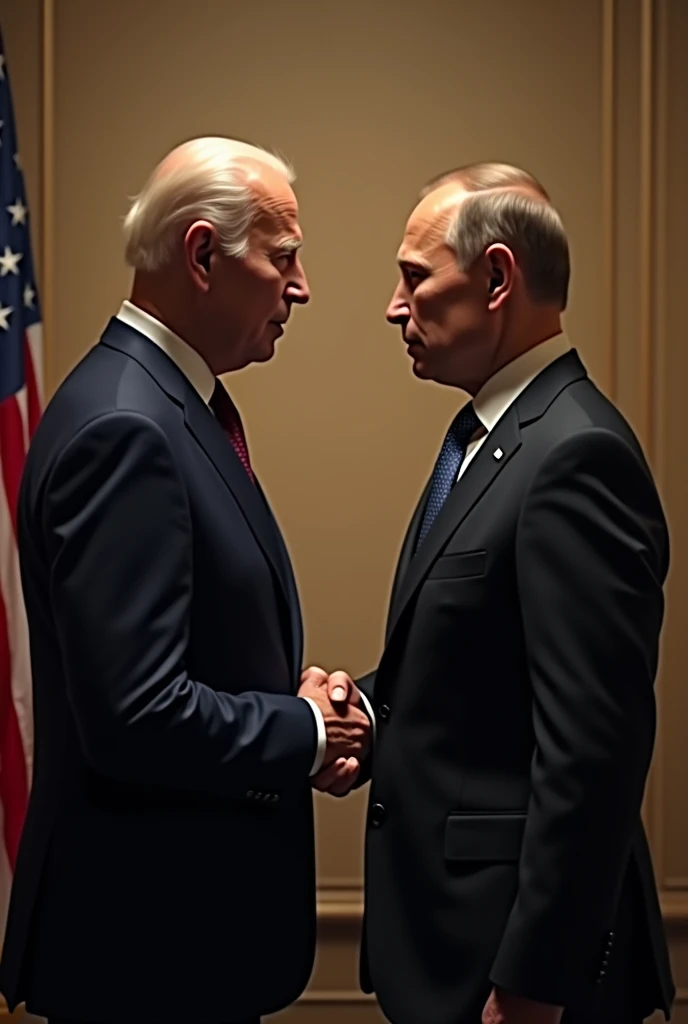 a portrait of Joe Biden and Vladimir Putin shaking hands, high resolution, cinematic lighting, detailed facial features, elegant formal attire, warm color tones, photorealistic, masterpiece, intricate details, striking composition, emotional moment, powerful political leaders, historical significance, dramatic lighting, cinematic atmosphere, inspiring, (best quality,4k,8k,highres,masterpiece:1.2),ultra-detailed,(realistic,photorealistic,photo-realistic:1.37)