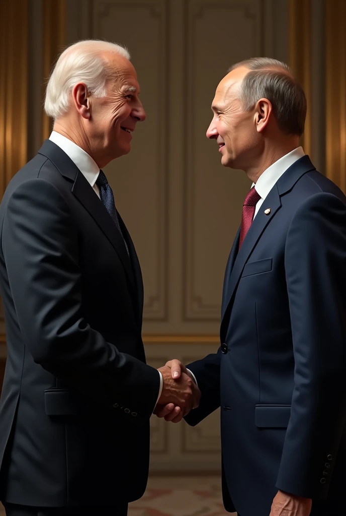 a portrait of Joe Biden and Vladimir Putin shaking hands, high resolution, cinematic lighting, detailed facial features, elegant formal attire, warm color tones, photorealistic, masterpiece, intricate details, striking composition, emotional moment, powerful political leaders, historical significance, dramatic lighting, cinematic atmosphere, inspiring, (best quality,4k,8k,highres,masterpiece:1.2),ultra-detailed,(realistic,photorealistic,photo-realistic:1.37)