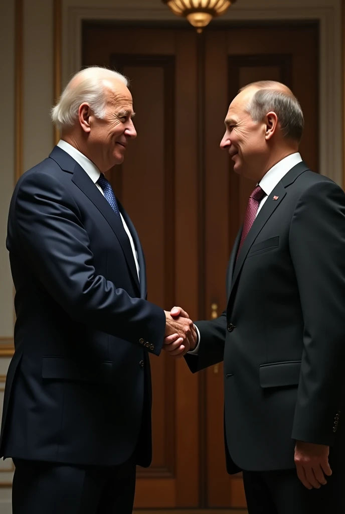 a portrait of Joe Biden and Vladimir Putin shaking hands, high resolution, cinematic lighting, detailed facial features, elegant formal attire, warm color tones, photorealistic, masterpiece, intricate details, striking composition, emotional moment, powerful political leaders, historical significance, dramatic lighting, cinematic atmosphere, inspiring, (best quality,4k,8k,highres,masterpiece:1.2),ultra-detailed,(realistic,photorealistic,photo-realistic:1.37)