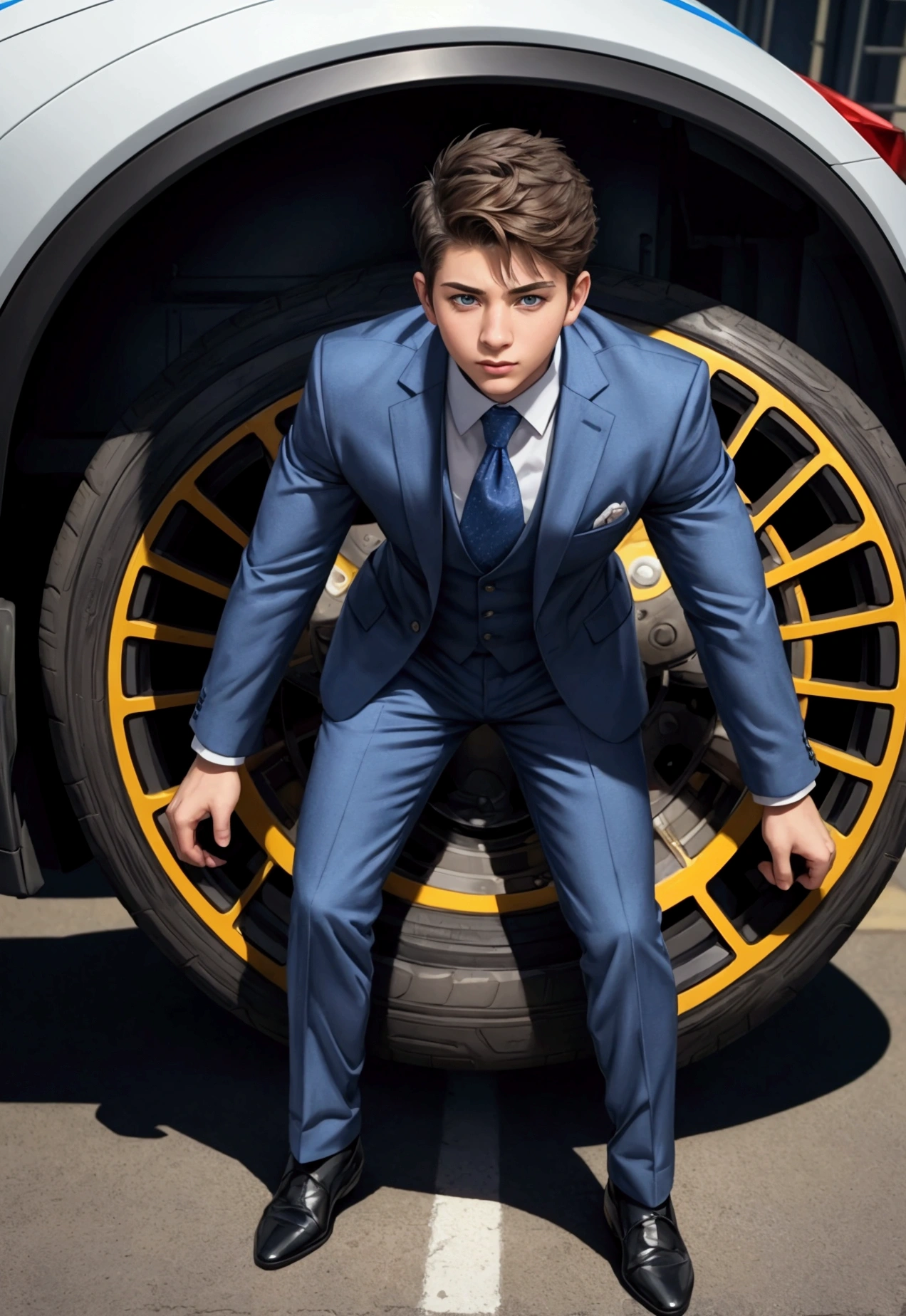 ((1boy)), super fine illustration, vibrant colors, absurdres extremely detailed CG, 8k wallpaper, (masterpiece:1.3), dynamic angle, dynamic pose, best quality, depth of field, cinematic lighting, ultra detailed, front-view,  Business suit, The president push rolling car tire,  full body, center, looking at viewers, the character is in the center of the frame,