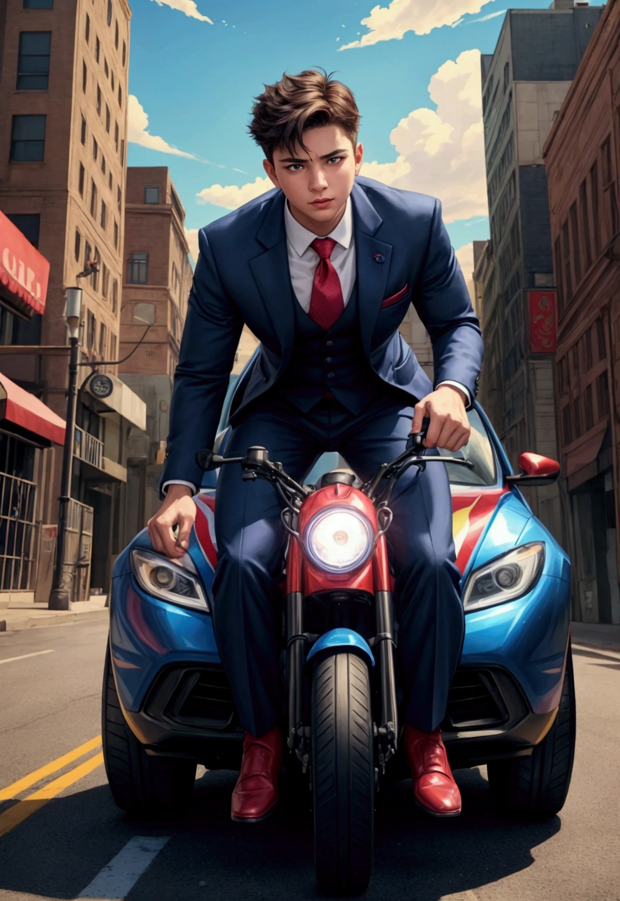 ((1boy)), super fine illustration, vibrant colors, absurdres extremely detailed CG, 8k wallpaper, (masterpiece:1.3), dynamic angle, dynamic pose, best quality, depth of field, cinematic lighting, ultra detailed, front-view, Business suit, The president push rolling car tire, full body, center, looking at viewers, the character is in the center of the frame,