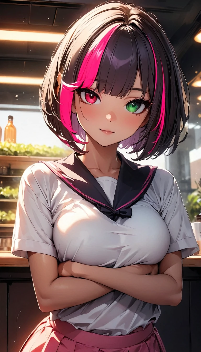 (highest quality:1.2, Very detailed, up to date, Vibrant, Ultra-high resolution, High Contrast, masterpiece:1.2, highest quality, Best aesthetics), Portraiture、girl、slim, , heterrochromia, green eye, red eye, stage、performance、Bright colors、Beautiful fine details、Beautiful lip detail、extra short hair, ((bob cut:1.5))、pink and purple ((streaked hair:1.9)), (highlights hair: 1.6), middium breast, (tan skin:1), sitting in cafe、holding coffee, tunic blouse、Resolute expression、Avid Fan、Rock star aura、An exciting atmosphere、cowboy shot