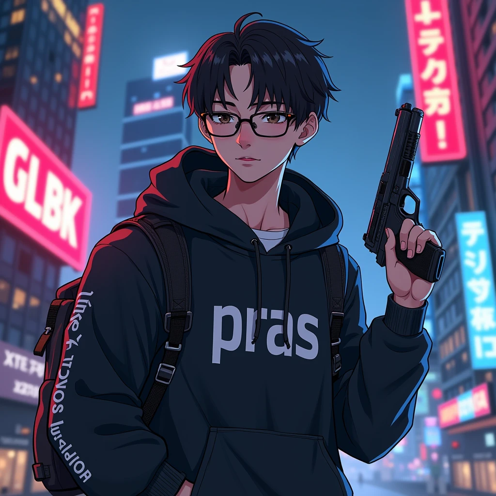 Create a character anime, {{background: capital text “GLBK”, night city}},
realistic, HDR, use glasses, handsome, korean style, full body, use pistol, age 20, hoodie HD text: “PRAS”