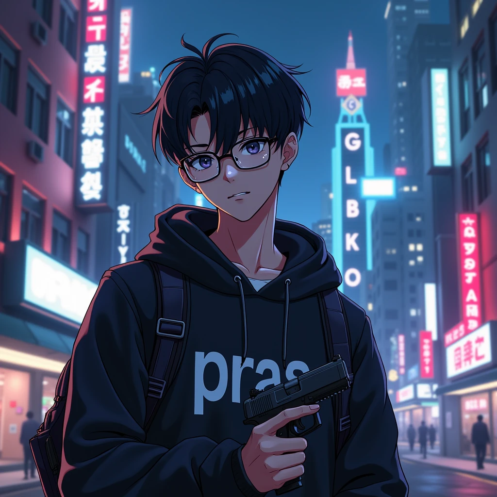 Create a character anime, {{background: capital text “GLBK”, night city}},
realistic, HDR, use glasses, handsome, korean style, full body, use pistol, age 20, hoodie HD text: “PRAS”