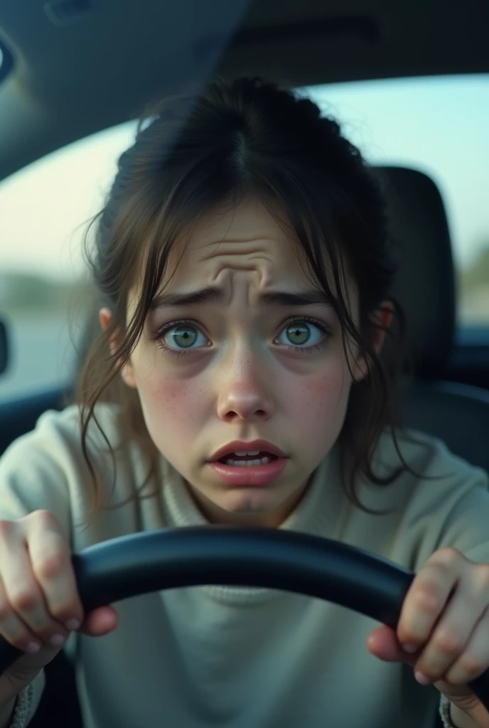 girl behind the wheel, shock, shocked and sad when he almost hit the car in front of him