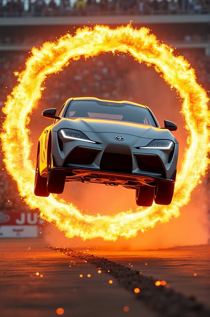 A Toyota scoring on a flaming hoop