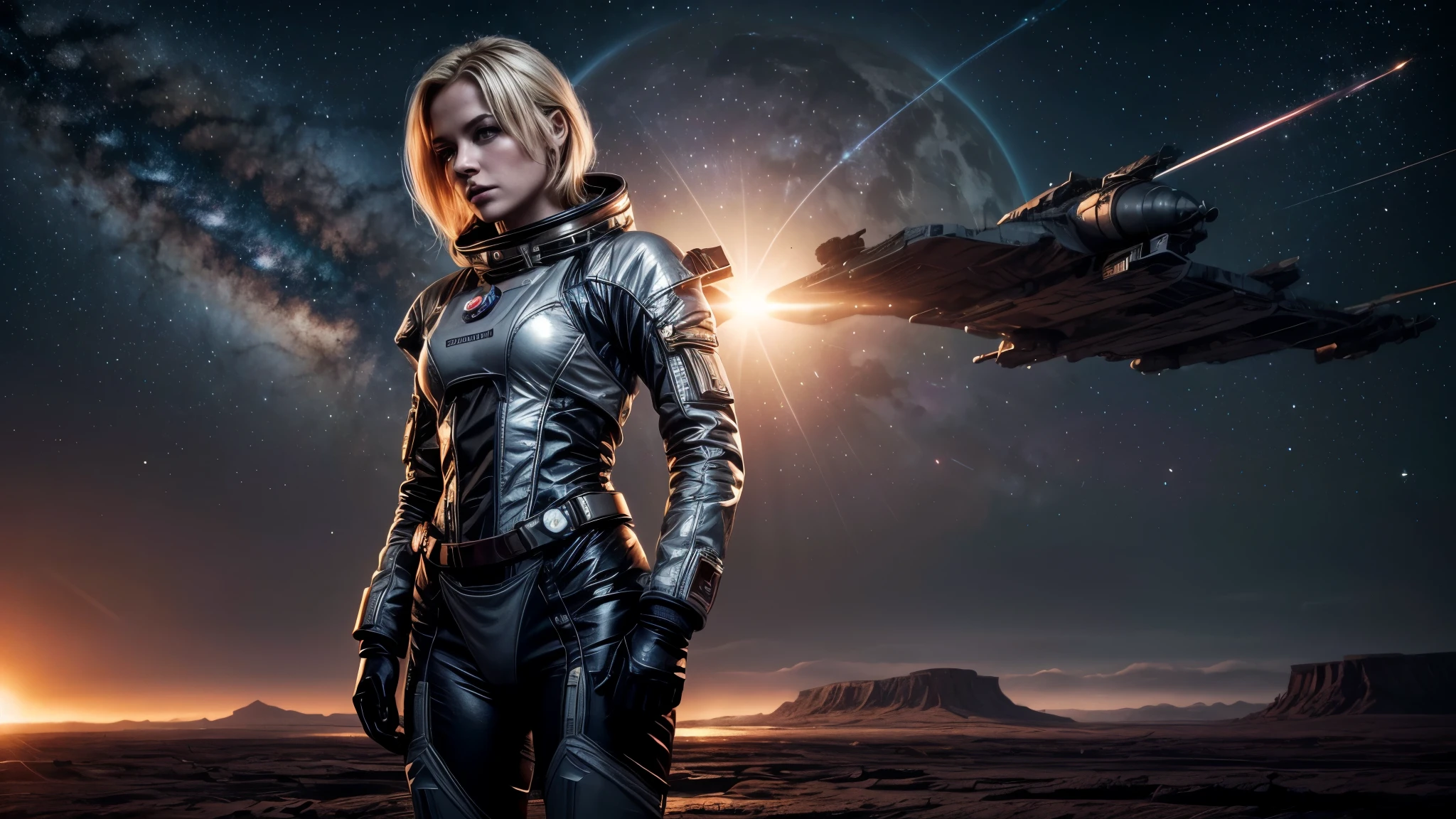 masterpiece, a beautiful blonde german girl lonely astronaut, desolate planetary landscape, space and stars, electric ambiance, utility belt, metallic gray zinc, science fiction, ultra high resolution. Photorealistic, 16k, UHD, HDR, Best quality, skin-tight astronaut suit, intricate, most fantastic details, ROUGH, Dramatic lighting, full body, spaceships in the sky, realistic reflections, sunrise, focus scale, , determined, dynamic posture, a military space complex in the background