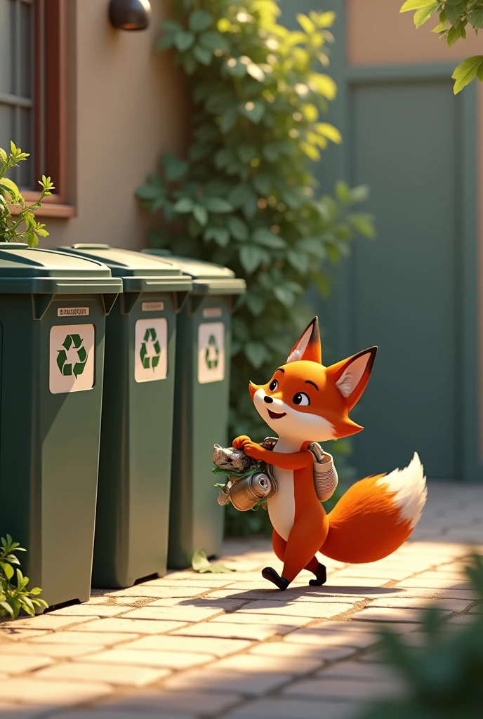 The fox goes to throw away the trash, there are 3 trash sorting bín