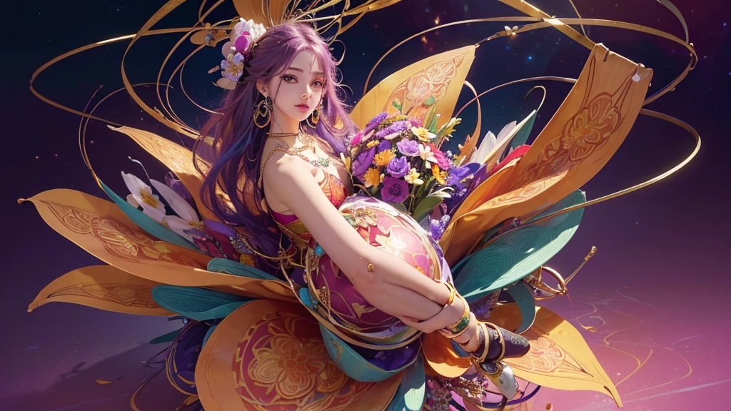 32K, 最高quality, 最高masterpiece, (ultra-Detailed Background, Detailed Background), High resolution, Super detailed, Very detailedな, 1 personの, (bouquet:1.3), (Tangled:1.2), (Geometric:1.2),(colorful),(masterpiece, quality, best quality, Official Art, Beautiful and beautiful:1.2), (1 person:1.3), Very detailed,(colorful:1.1)(Flowers:1.3),Most detailed,(Tangled:1.2), whole body, (Abstract background:1.3), (Skin glows), (Many colors:1.4), ,(Earrings Jewelry:1.5), Purple-red pale background, It's imaginative., Milk tea colored hair,