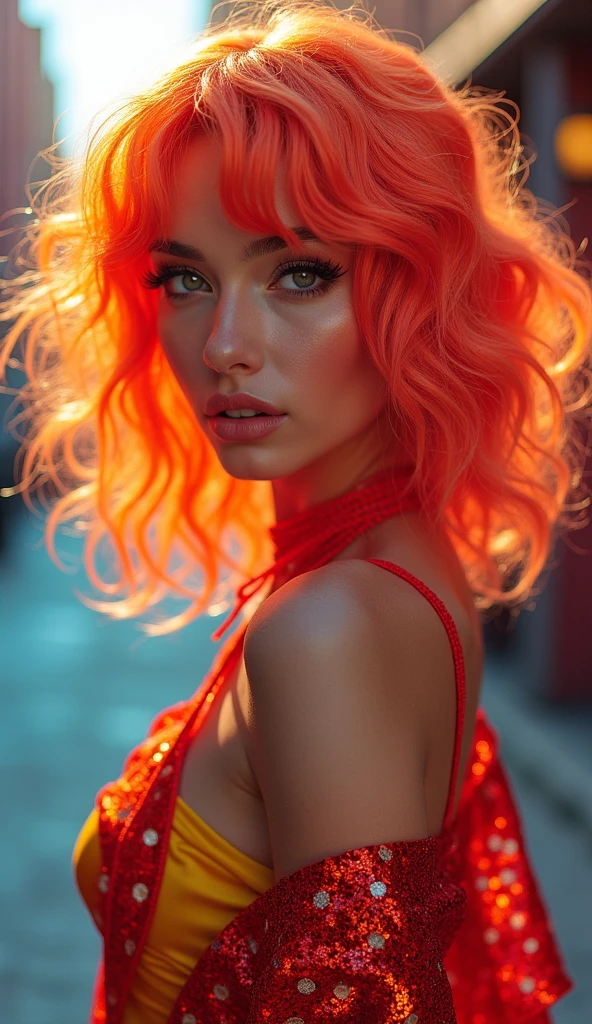 beautiful girl with bright hair, pop star style outfit