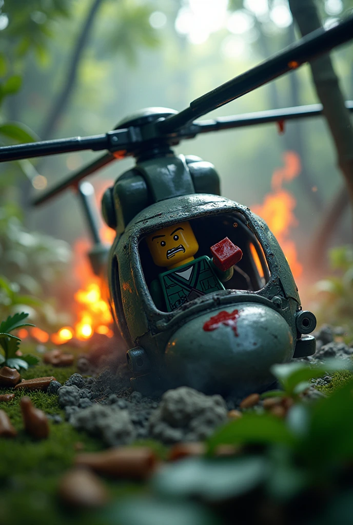 Photorealism 1.3 realistic realism high definition 8k lego helicopter crash in the jungle wounded minifig pilot smoke effect fire flame pilot wearing helmet trap inside helicopter dramatic view blood effect