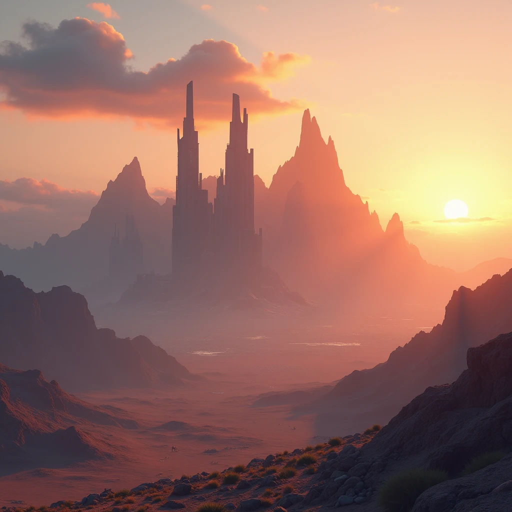 Mountains at sunset, Set against the backdrop of a futuristic city in the desert, Low clouds covering the mountain peaks, Practical+Highly complex details, 16K.