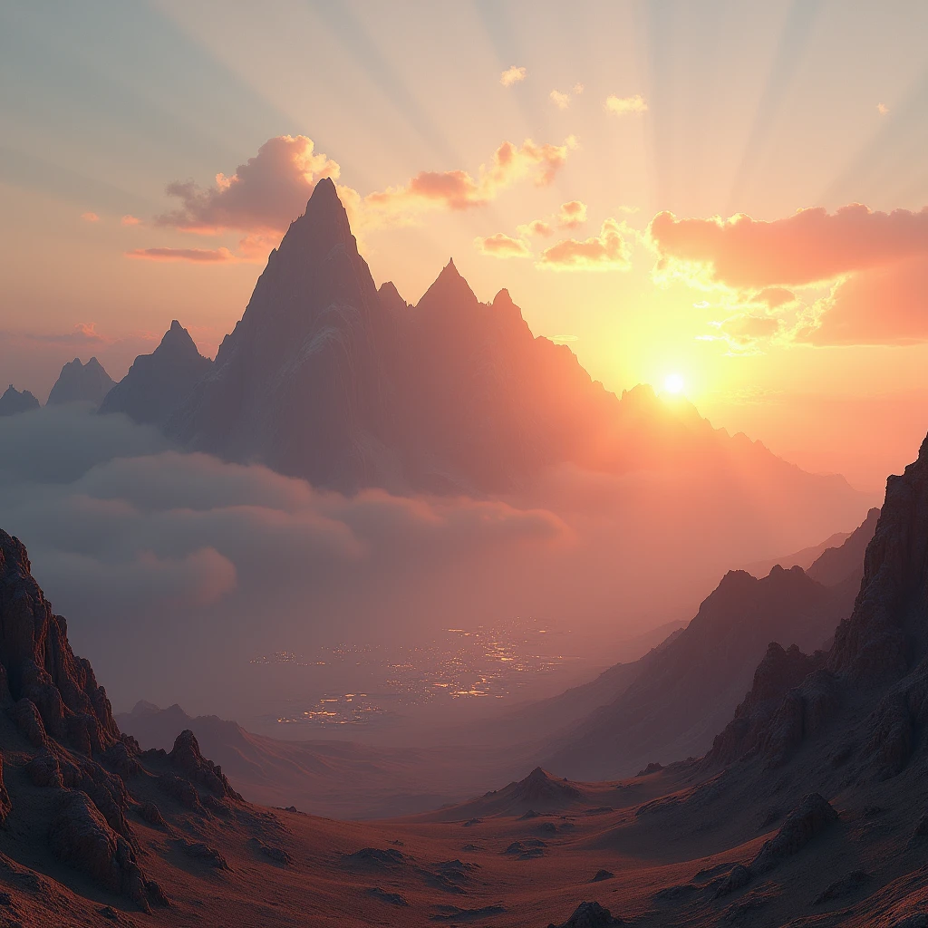 Mountains at sunset, Set against the backdrop of a futuristic city in the desert, Low clouds covering the mountain peaks, Practical+Highly complex details, 16K.