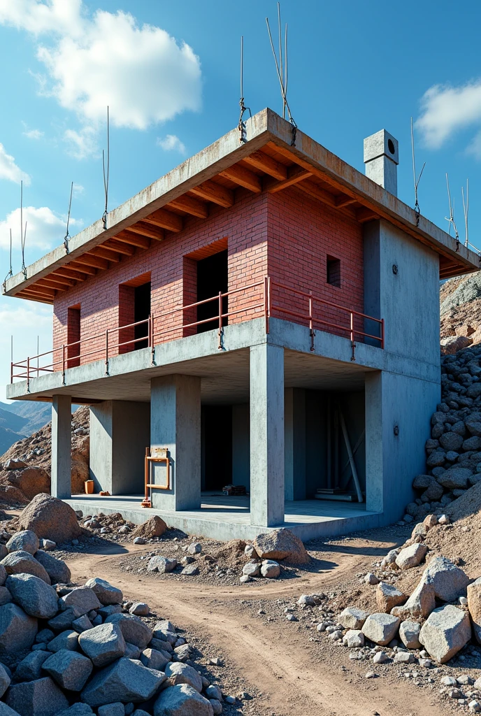 PICTURE REALISTIC, in 8k of a house construction where red bricks are shown, concrete beams and columns, The image should have predominant colors in shades of blue