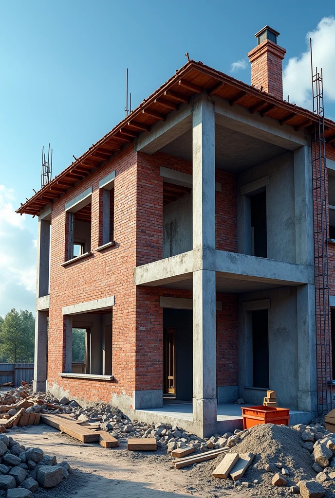 PICTURE REALISTIC, in 8k of a house construction where red bricks are shown, concrete beams and columns, The image should have predominant colors in shades of blue