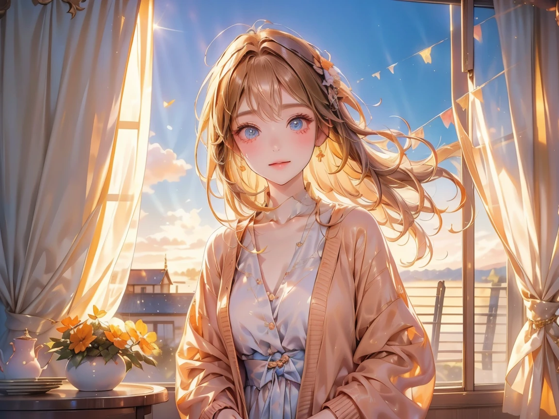 The location is a simple, stylish and beautiful room in Alsace, France. The curtains bathed in the orange morning sun are fluttering in the wind A beautiful Japanese woman with blue beautiful detailed eyes wearing a pale soft pink cardigan Pink Cardigan Soft orange light Hair with gentle waves swaying in the morning sun breeze、Soft orange lightが髪に反射し、Make you feel the end of summer。」I'm looking out the window at the view from the beautiful curtains in a neat room that looks like it's in the French countryside. I feel the end of summer Late summer morning Autumn wind Depiction from the waist up Nostalgia A very beautiful, sparkling smile