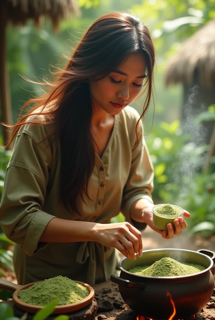 Beautiful malay malay freehair pack green powder herbs, boiling water at village, with packing nadminzempire