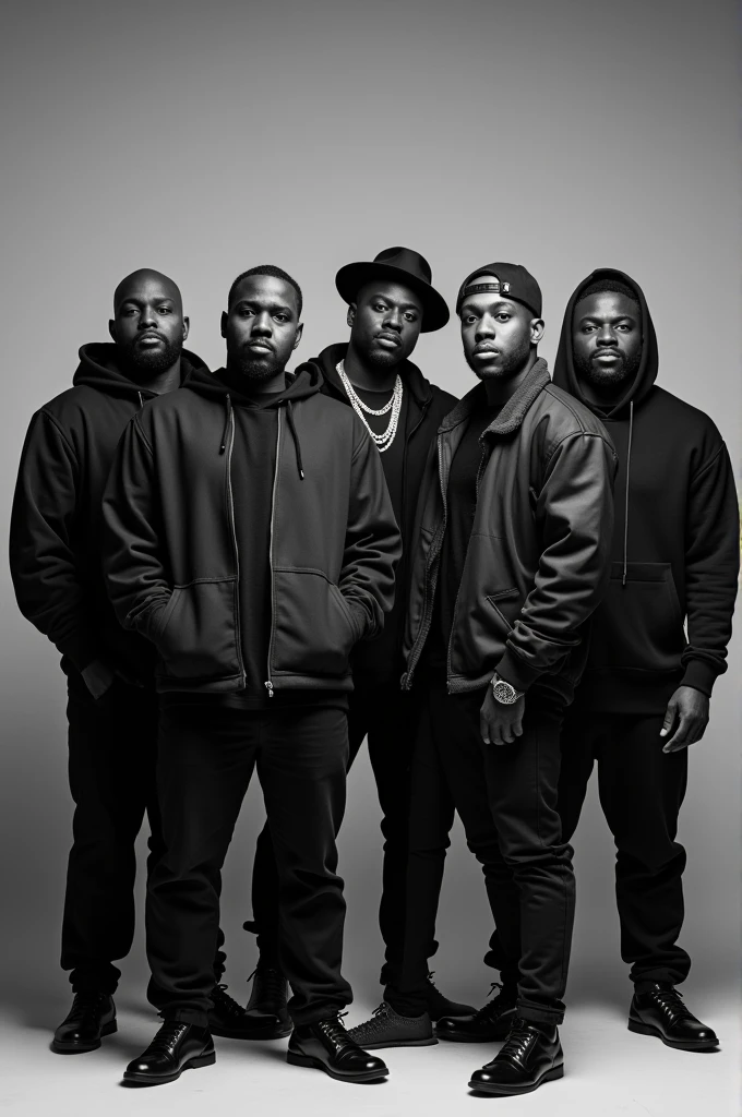 It will be a black and white photo. 5 rap artists will pose for the camera. Two of them are black and fat
