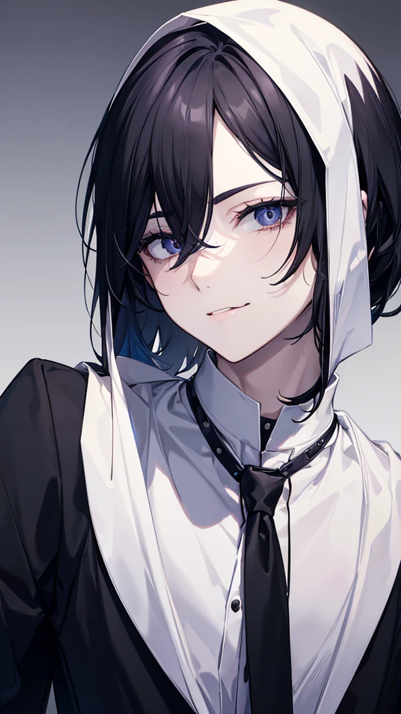 Male characters, Black Hair, Expressionless, suit, Innocent, Pale skin, Black eye tongue out, Anatomically correct, High resolution, A seductive smile, Raised eyebrow, Odd Eye, Cinematography, modern, Reality, realism,Looking up,fearless