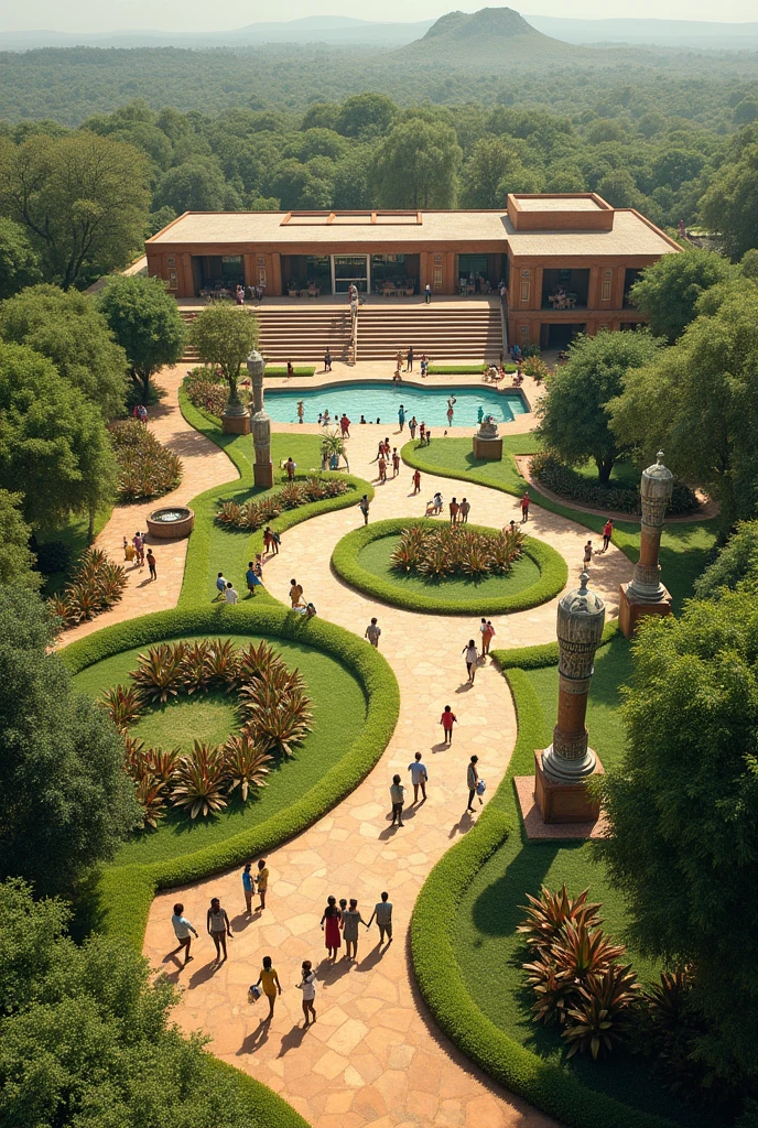 A garden that have the following lush grenery,walkways, monunents and statues,seating areas, cultural and social hub, animal scenery conference hall, kids playing ground, swimming pool officess and restrooms samburu kenya