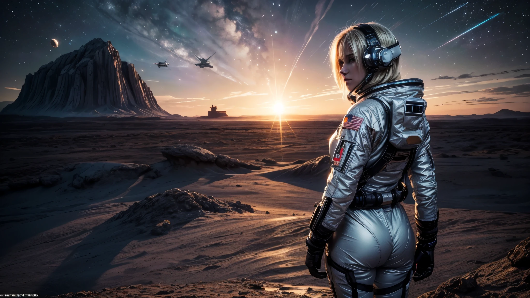 masterpiece, a beautiful blonde german girl lonely astronaut, desolate planetary landscape, space and stars, electric ambiance, utility belt, metallic gray zinc, science fiction, ultra high resolution. Photorealistic, 16k, UHD, HDR, Best quality, skin-tight astronaut suit, intricate, most fantastic details, ROUGH, Dramatic lighting, full body, spaceships in the sky, realistic reflections, sunrise, focus scale, , determined, dynamic posture, a military space complex in the background
