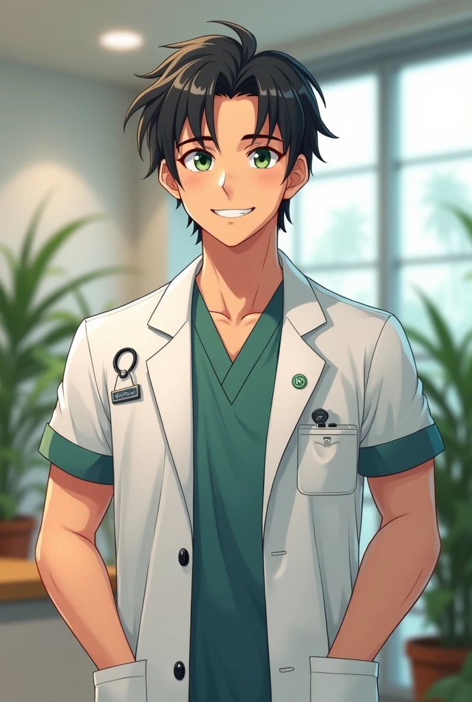 A male nutritionist in a nutritionist uniform ,Bblack hair ,3d anime character , 30 years old and Brazilian green eyes